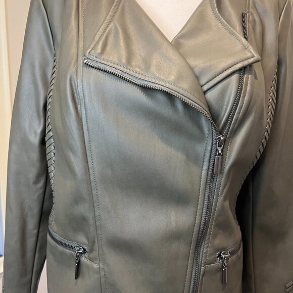 Alfani Olive Whipstitched Faux Leather Zip Up Jacket, Size Medium - Picture 5 of 16